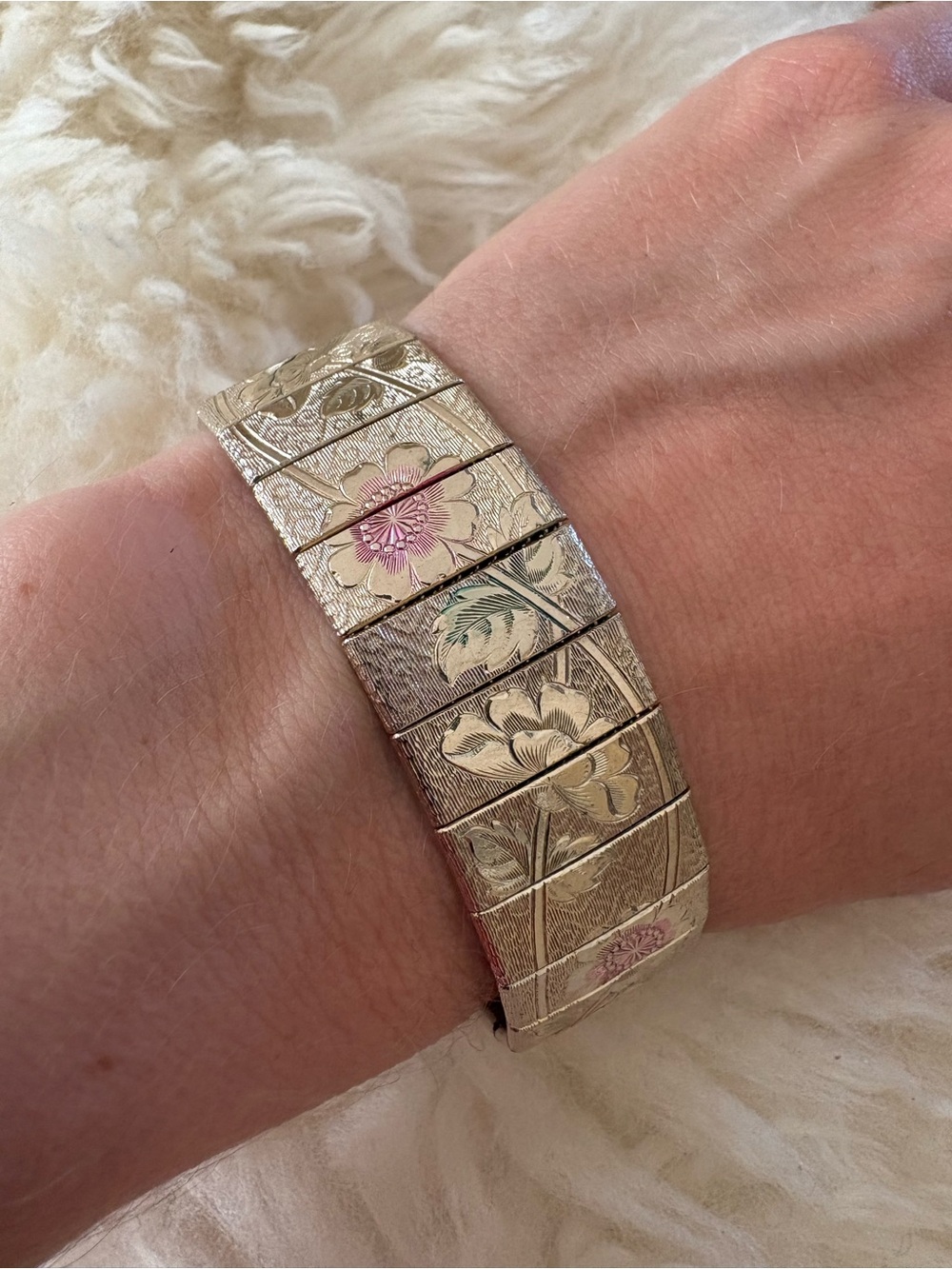 Floral Engraved Panel Bracelet - Gold with Pink & Green Accents
